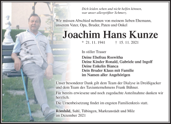 Traueranzeige von Joachim Hans Kunze von Südthüringer Presse