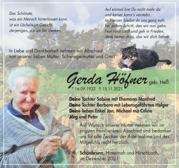 Traueranzeige von Gerda Höfner von Südthüringer Presse