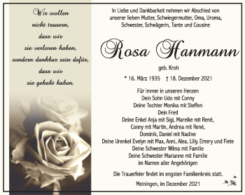 Traueranzeige von Rosa Hanmann von Südthüringer Presse