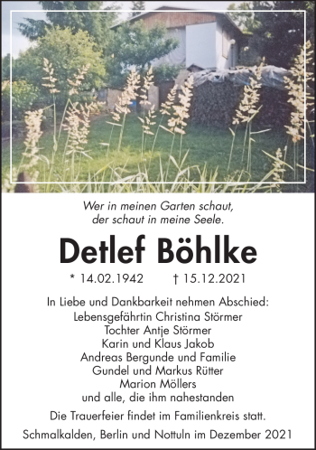 Traueranzeige von Detlef Bölke von Südthüringer Presse
