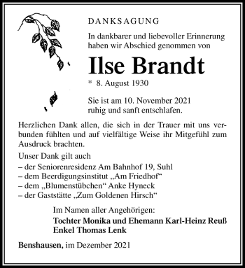 Traueranzeige von Ilse Brandt von Südthüringer Presse