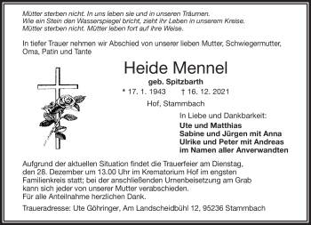 Traueranzeige von Heide Mennel von Frankenpost