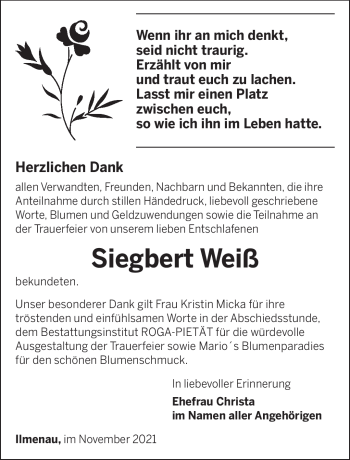 Traueranzeige von Siegbert Weiß von Südthüringer Presse