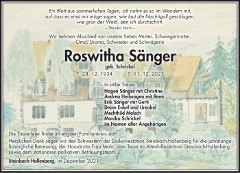 Traueranzeige von Roswitha Sänger von Südthüringer Presse