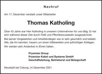 Traueranzeige von Thomas Katholing von Neue Presse Coburg