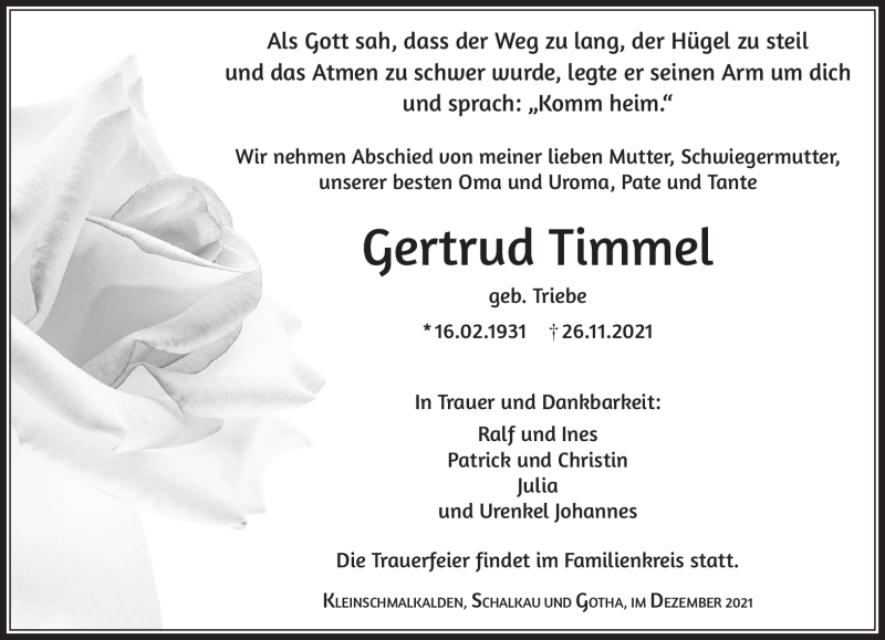  Traueranzeige für Gertrud Timmel vom 02.12.2021 aus Südthüringer Presse