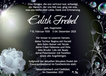 Traueranzeige von Edith Frebel von Südthüringer Presse