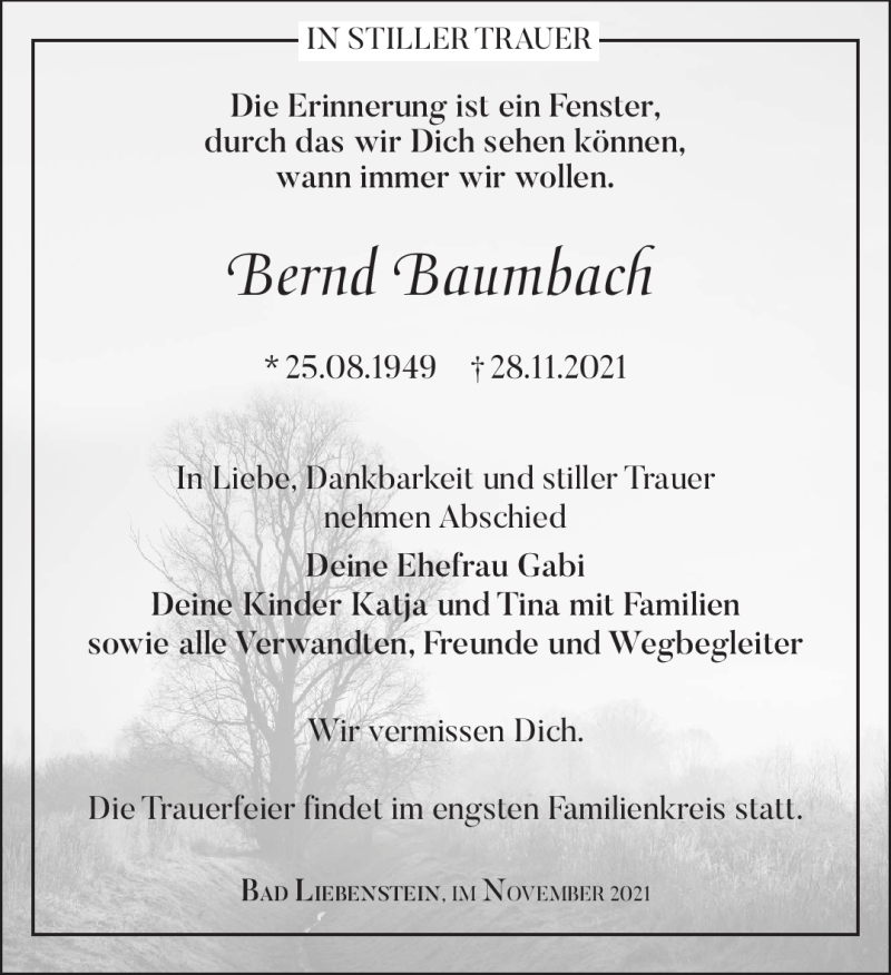  Traueranzeige für Bernd Baumbach vom 02.12.2021 aus Südthüringer Presse