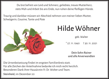 Traueranzeige von Hilde Wöhner von Südthüringer Presse