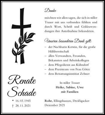 Traueranzeige von Renate Schade von Südthüringer Presse