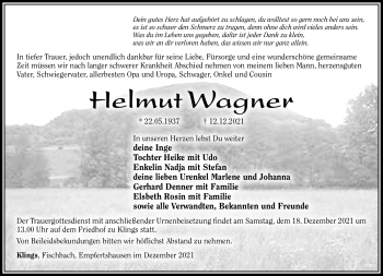 Traueranzeige von Helmut Wagner von Südthüringer Presse