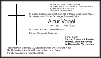 Traueranzeige von Artur Vogel von Frankenpost