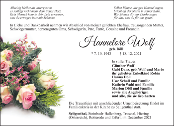 Traueranzeige von Hannelore Wolf von Südthüringer Presse