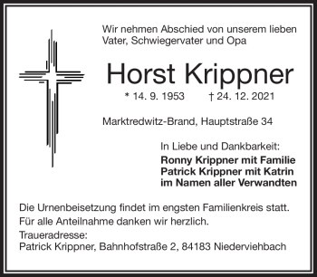 Traueranzeige von Horst Krippner von Frankenpost