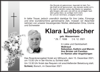 Traueranzeige von Klara Liebscher von Südthüringer Presse