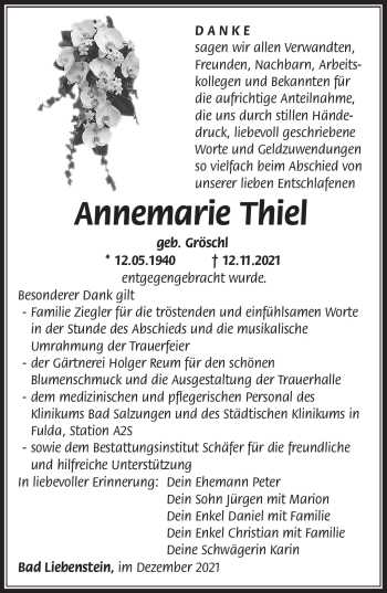 Traueranzeige von Annemarie Thiel von Südthüringer Presse