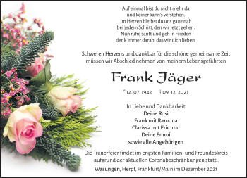 Traueranzeige von Frank Jäger von Südthüringer Presse