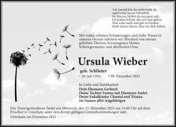 Traueranzeige von Ursula Wieber von Südthüringer Presse