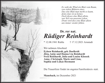 Traueranzeige von Rüdiger Reinhardt von Südthüringer Presse