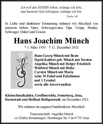 Traueranzeige von Hans Joachim Münch von Südthüringer Presse