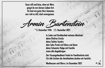 Traueranzeige von Armin Bartenstein von Südthüringer Presse