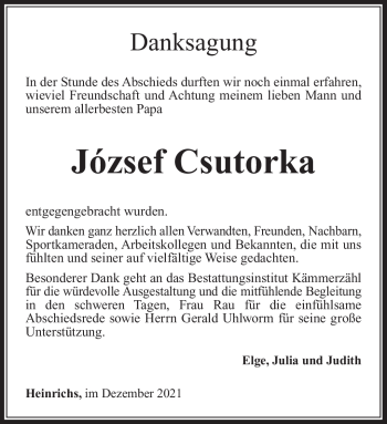 Traueranzeige von József Csutorka von Südthüringer Presse