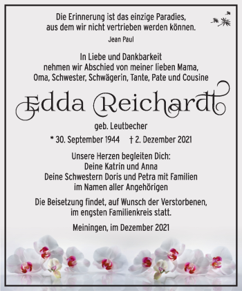 Traueranzeige von Edda Reichardt von Südthüringer Presse