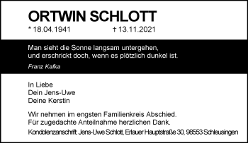 Traueranzeige von Ortwin Schlott von Südthüringer Presse