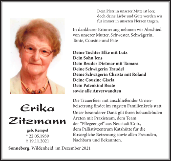 Traueranzeige von Erika Zitzmann von Südthüringer Presse
