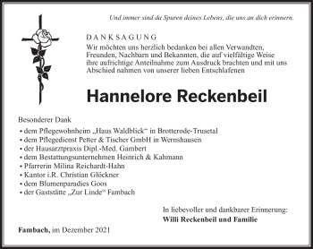 Traueranzeige von Hannelore Reckenbeil von Südthüringer Presse