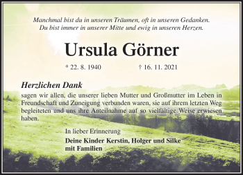 Traueranzeige von Ursula Görner von Südthüringer Presse