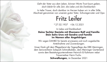 Traueranzeige von Fritz Leifer von Südthüringer Presse