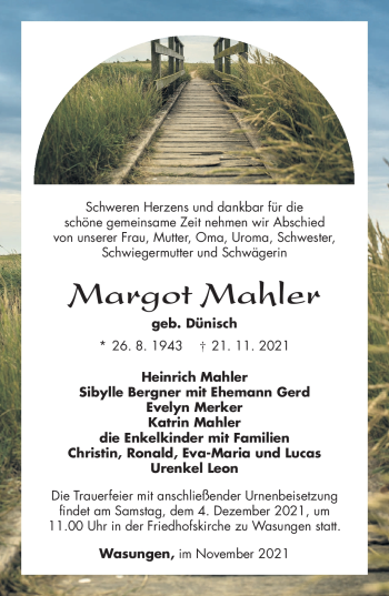 Traueranzeige von Margot Mahler von Südthüringer Presse