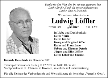 Traueranzeige von Ludwig Löffler von Neue Presse Coburg