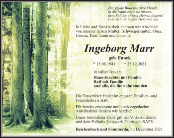 Traueranzeige von Ingeborg Marr von Südthüringer Presse