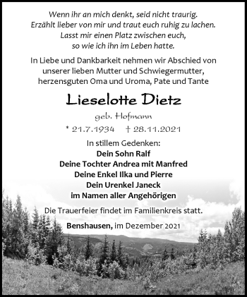 Traueranzeige von Lieselotte Dietz von Südthüringer Presse