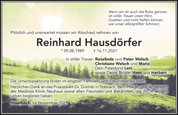 Traueranzeige von Reinhard Hausdörfer von Südthüringer Presse