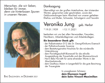 Traueranzeige von Veronika Jung von Südthüringer Presse