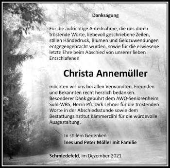 Traueranzeige von Christa Annemüller von Südthüringer Presse