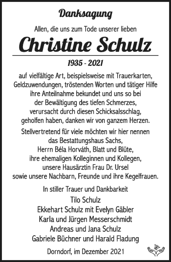 Traueranzeige von Christine Schulz von Südthüringer Presse