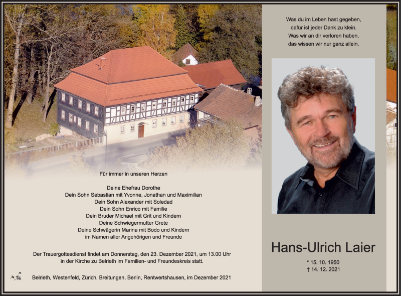  Traueranzeige für Hans-Ulrich Laier vom 18.12.2021 aus Südthüringer Presse