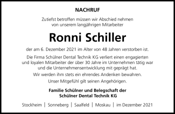 Traueranzeige von Ronni Schiller von Neue Presse Coburg