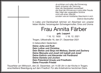 Traueranzeige von Annita Färber von Frankenpost