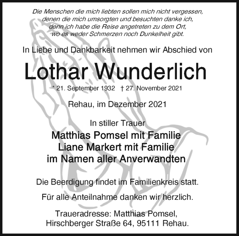  Traueranzeige für Lothar Wunderlich vom 01.12.2021 aus Frankenpost