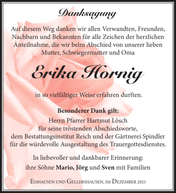 Traueranzeige von Erika Hornig von Südthüringer Presse