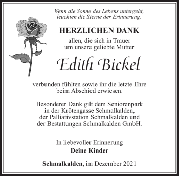 Traueranzeige von Edith Bickel von Südthüringer Presse
