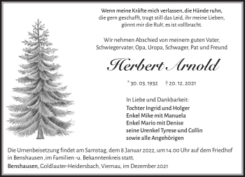 Traueranzeige von Herbert Arnold von Südthüringer Presse