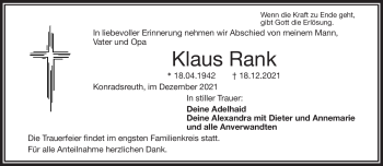 Traueranzeige von Klaus Rank von Frankenpost