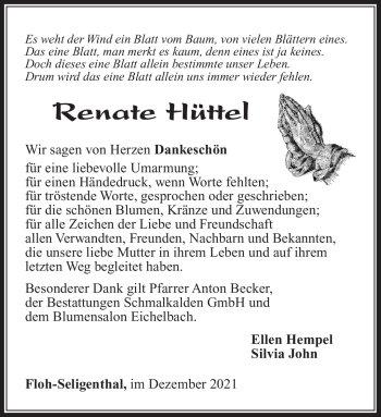 Traueranzeige von Renate Hüttel von Südthüringer Presse