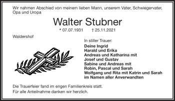 Traueranzeige von Walter Stubner von Frankenpost